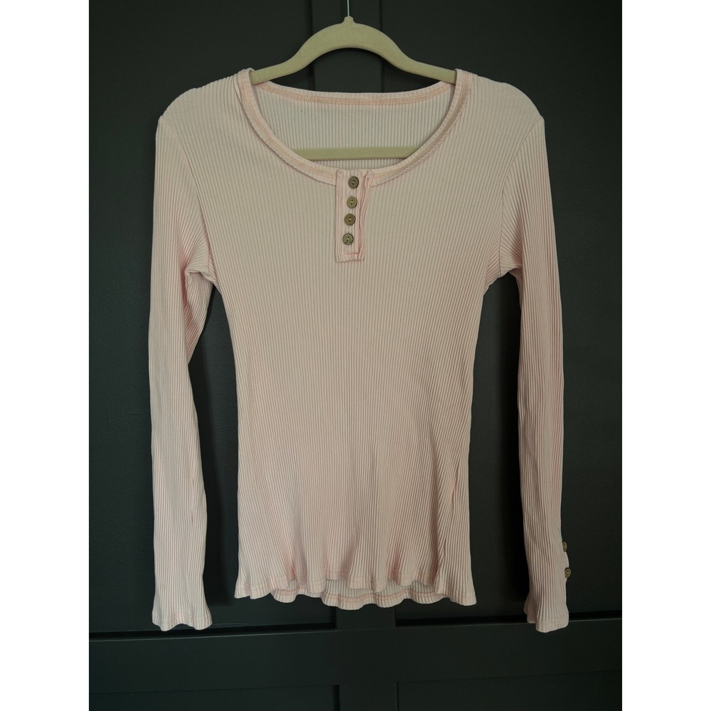 Light Pink Ribbed‎ Henley Top Long Sleeve Stretch Cotton Blend Y2K Baby Tee